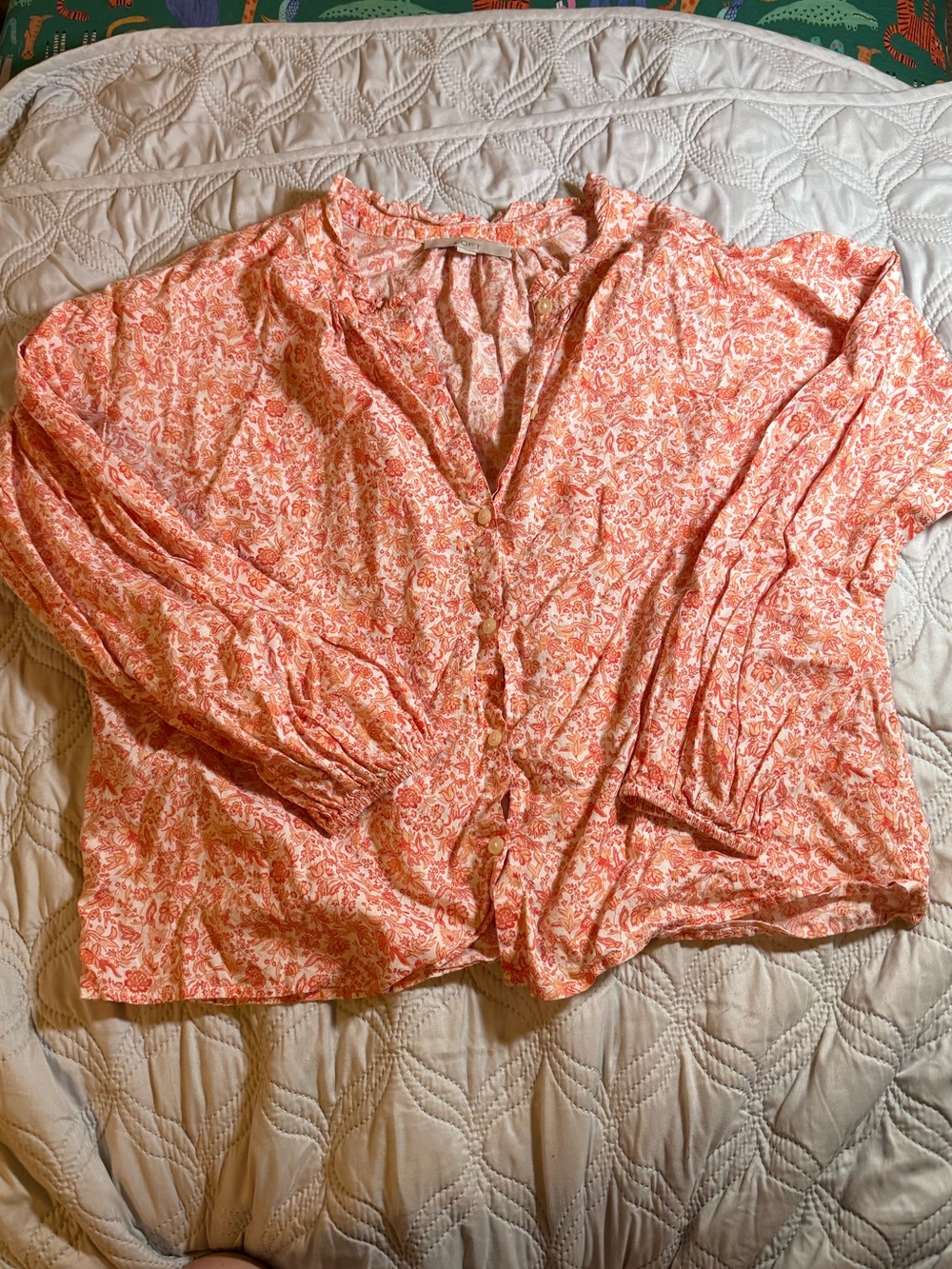 LOFT Orange Floral Button Front Blouse Size L Bohemian Puff Sleeve Top